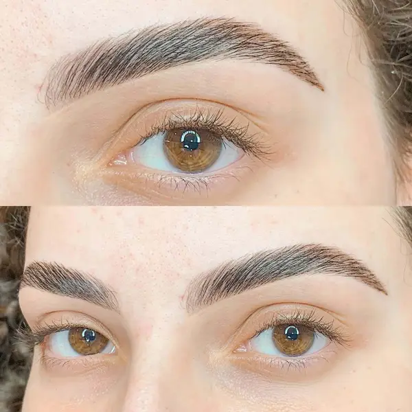 Antes e depois do brow lamination, de perto